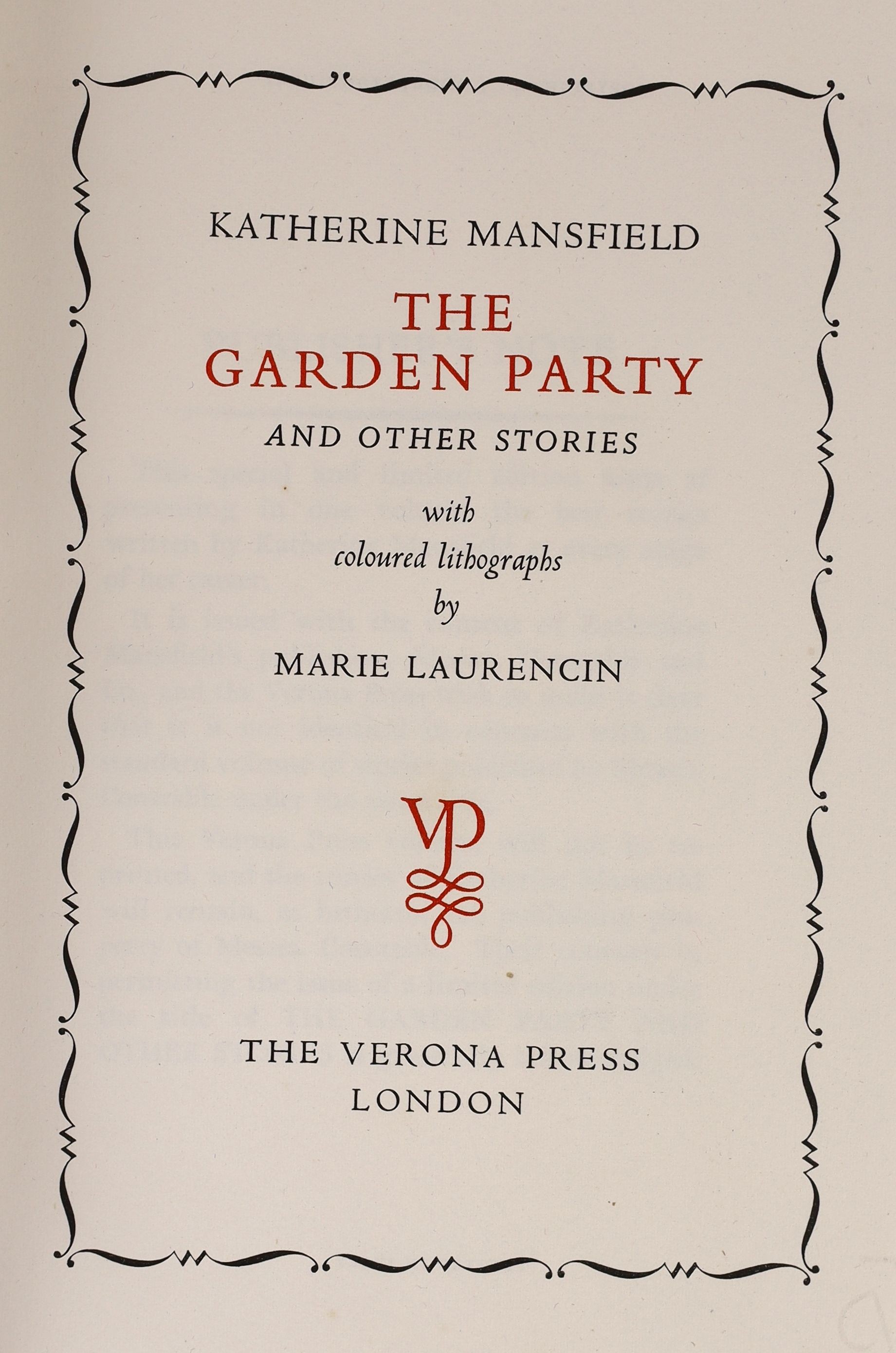 Mansfield, Katherine - The Garden Party, one of 1200, illustrated by Marie Laurencin, 4to, original green pastepaper over boards, with 16 coloured lithographs, Verona Press, London, 1939